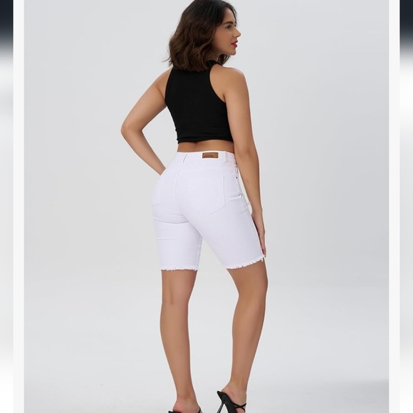 White Distressed Bermuda Denim Shorts - Picture 5 of 16